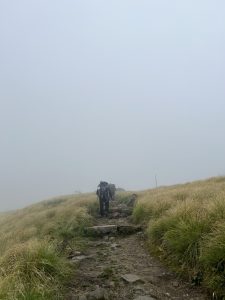 Hiker with a backpack and walking sticks treks up a foggy mountain trail flanked by tall grass.