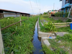 A narrow concrete irrigation channel running between overgrown grass and village buildings toward misty hills in the distance. 