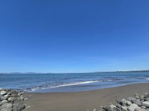 A quiet beach with dark sand and smooth gray rocks along the shore. Gentle waves reach the beach beneath a clear blue sky, with distant mountains and a small boat on the horizon.