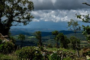 A wide mountain and valley landscape seen from a high viewpoint, framed by trees and flowering plants. Dark storm clouds hang low over the scene, while green hills and distant plains stretch into the background.