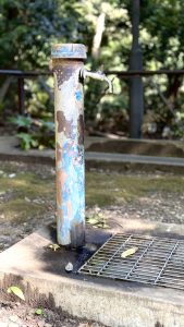 A weathered water tap hidden in the greenery of Todoroki Valley, showing its aged, faded surface in a peaceful natural setting.