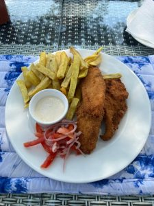 A white plate containing two golden-brown fried fish fillets, a portion of French fries, a small bowl of tartar sauce, and a side of shredded onion and tomato salad. 