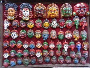 Masks with traditional Nepali art at Bhaktapur, Nepal 
