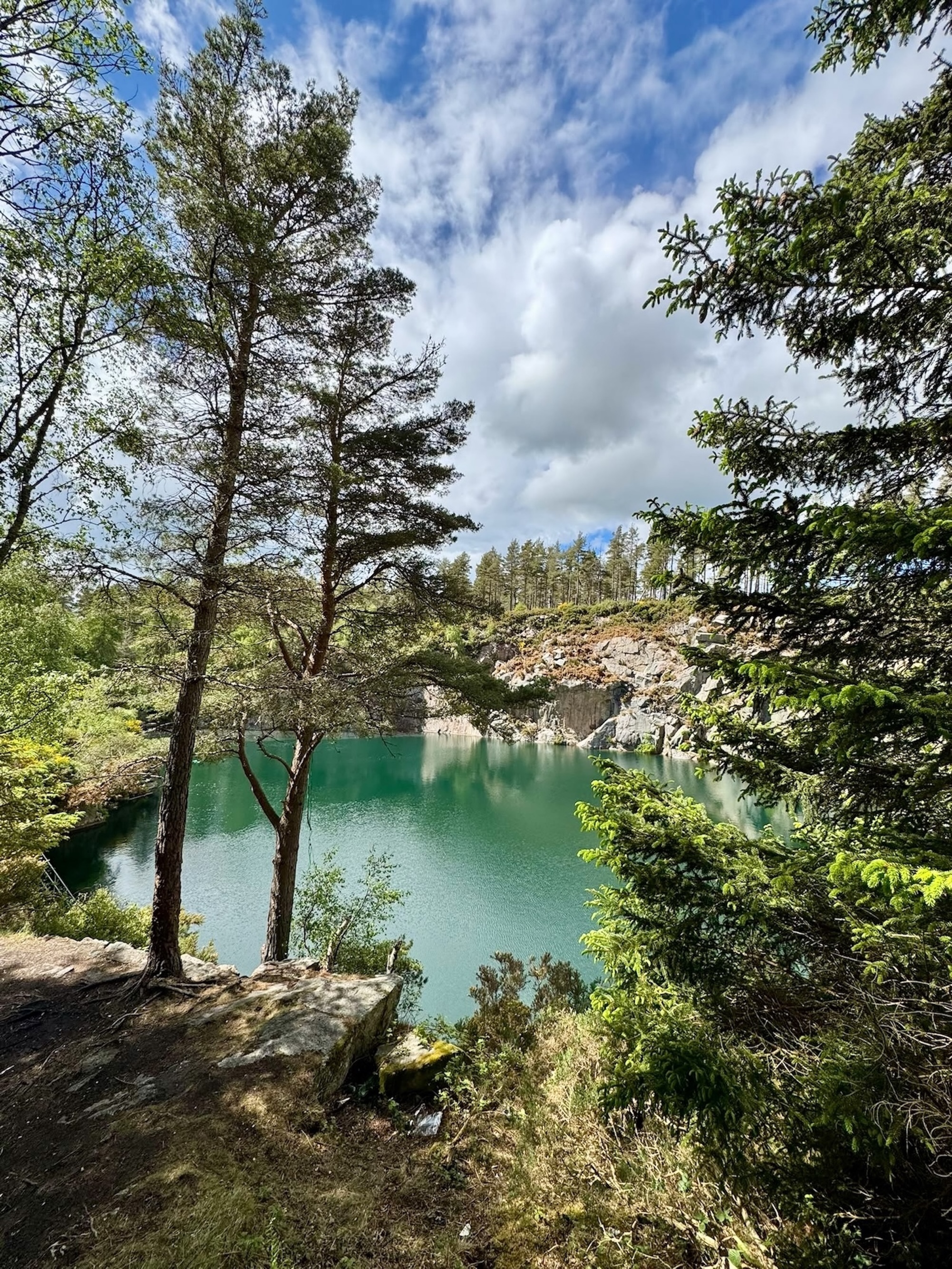 A scenic view of a vibrant turquoise lake nestled within steep, rocky cliffs. Lush green pine trees frame the foreground and line the top of the quarry under a bright blue sky filled with fluffy white clouds.