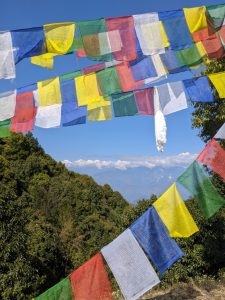 Colorful Buddhist prayer flags framing a distant snow-capped Himalayan range above forested hills
