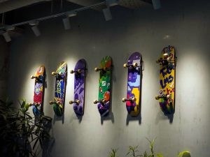 Six colorful skateboards, each with vibrant, unique graphic designs, are mounted on a light gray wall above green plants in a stylish, creative display.