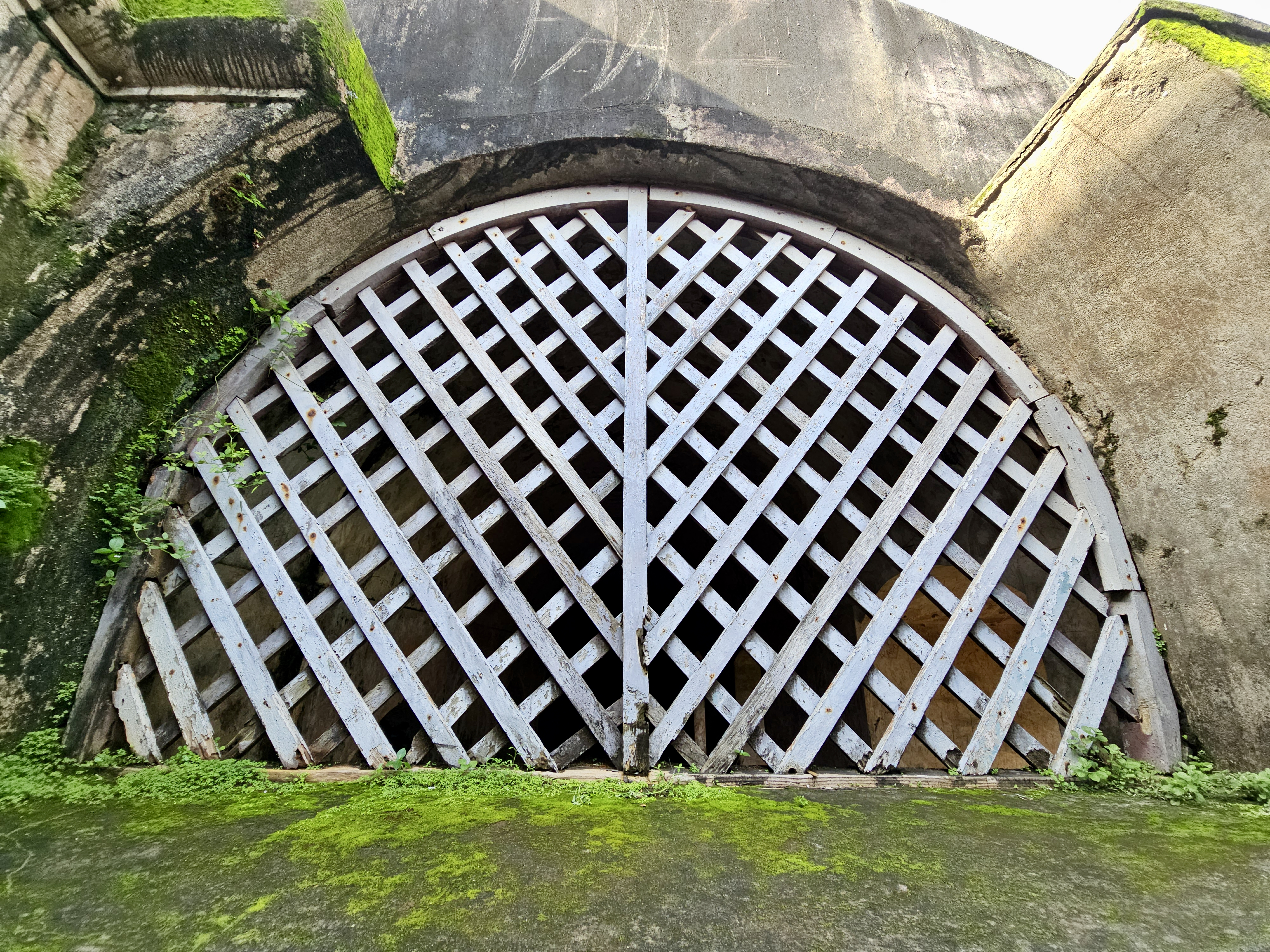 A large arched opening covered with a wooden lattice stands within the fort’s thick walls. Moss and weathered stone highlight the structure's age, blending history with nature. Captured at St. Angelo Fort, Kannur, Kerala.