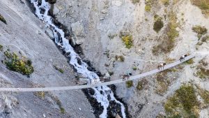 A narrow suspension bridge spans a steep rocky gorge with a stream flowing beneath, as several horses cross carrying loads.  