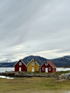 colourful houses in Norway, set against a backdrop of lakes and mountains