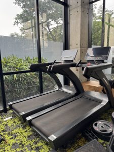 Two digital treadmills side-by-side in a well-lit gym with green carpeting, next to a window showing rain and outdoor greenery.