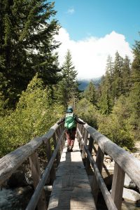 Person walking across a narrow wooden bridge in a forest with a mountain in the background.