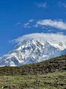 A close-up view of a massive snow-covered Himalayan summit with a lenticular cloud formation crowning its peak, rising above a green alpine slope. 