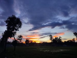 A dramatic twilight landscape with deep blue clouds across the sky and a warm orange-yellow sunset glowing near the horizon. In the foreground, a dark field with small pools of water reflects the fading light.
