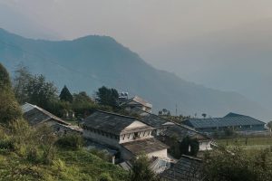 Rural village with stone-roofed houses nestled on a lush hillside, against a backdrop of misty blue mountains and a tranquil, overcast sky.