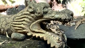 Dragon head ornament above a koi pond in Todoroki Valley, Tokyo, overlooking colorful koi swimming below.