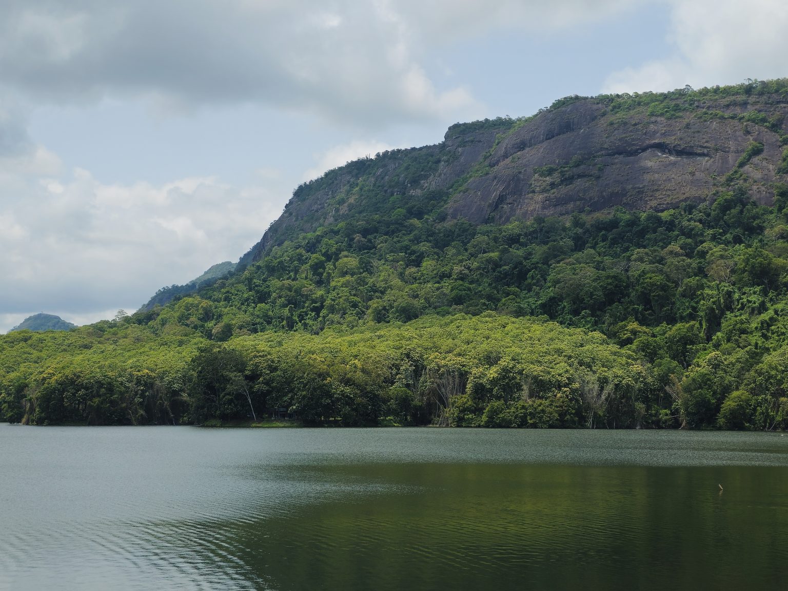 A peaceful landscape showing a calm lake surrounded by dense green forest and towering rocky hills. Soft clouds drift above the mountains, while reflections shimmer on the water, highlighting nature's untouched beauty. Captured at Parambikulam Tiger Reserve, Palakkad District, Kerala.