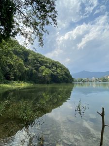A serene lake reflecting lush green hills and cloudy blue skies, with distant mountain peaks and a small town visible on the shore. 