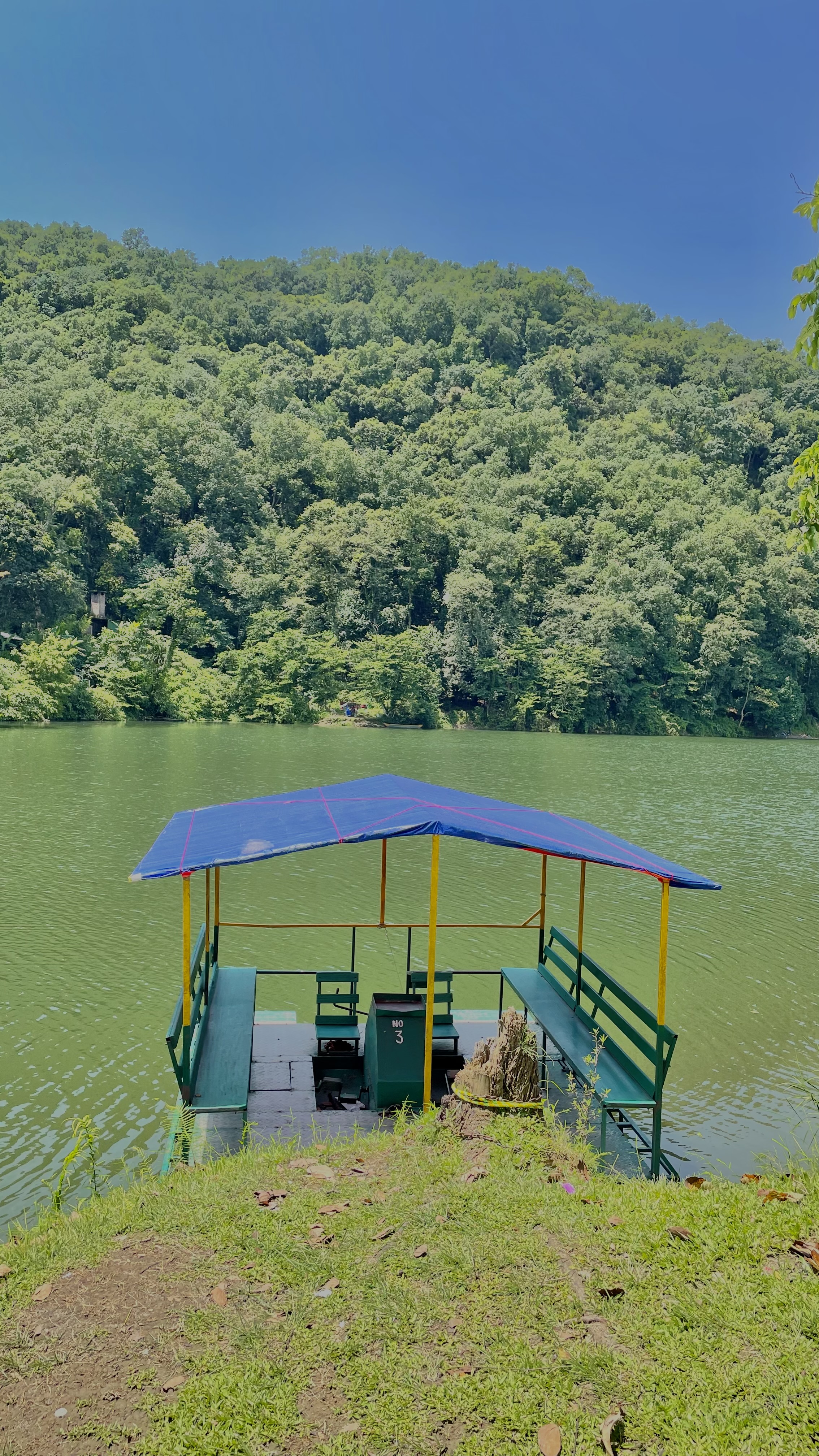 A view of a calm green lake surrounded by lush, densely forested hills under a clear blue sky. In the foreground, a docked floating platform boat features a bright blue tarp roof and green wooden benches.