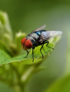 Macro photo of a housefly with red eyes and a metallic body resting on a green leaf in a blurred natural setting in Bangladesh.

