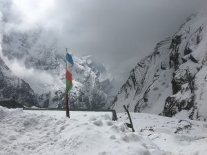 Annapurna Base Camp (ABC) wrapped in snow - a winter paradise in the heart of the Himalayas. 