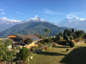 Mesmerizing view of the Himalayas from Astam Village, Kaski, Nepal, featuring snow-capped peaks, lush green hills, a tranquil mountain landscape, and a charming garden beside rustic buildings under a clear blue sky.
