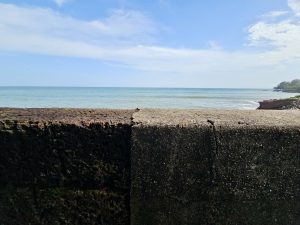 A section of the fort wall overlooks the calm Arabian Sea under a bright blue sky. The contrast between the rugged stone structure and the peaceful coastline showcases the fort’s strategic location. Captured at St. Angelo Fort, Kannur, Kerala.
