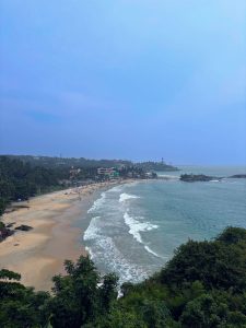 Panoramic view of a tropical bay with sandy beach, rolling waves, and lush coastal vegetation. 