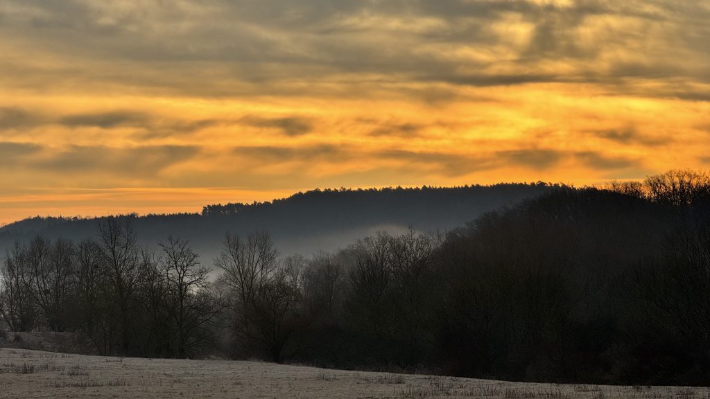 Frost-covered trees with bare branches stand in the cool foreground as a vivid orange and yellow sunrise glows over silhouetted hills. Misty fog drifts through the treeline, softening the horizon in a quiet, reflective winter scene.