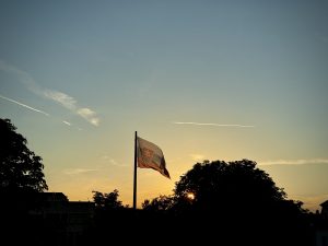 Slovak flag silhouetted against a golden sunset sky with trees in Bratislava, Slovakia.
