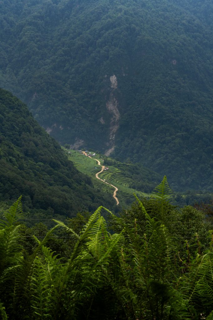 Winding path through lush green hills and dense forests, surrounded by towering mountains under an overcast sky.