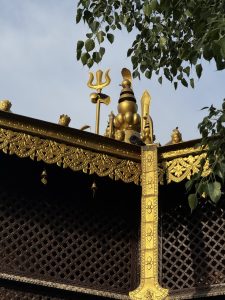 A close-up view shows the ornate golden spire atop a temple roof, set against a pale blue sky and leafy branches. Golden ornaments—including a trident and small face carvings—adorn the roof’s scalloped edge, where a single pigeon perches. Intricate wooden lattice covers the structure below.
