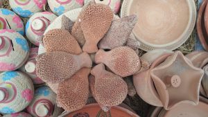 Terracotta pottery with clay ornaments, painted pots, and handmade designs on display.