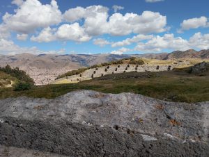 Distant view of the terraced walls of Sacsayhuaman fortress near Cusco, Peru.