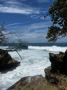 A scenic view of the ocean from a rocky shore, with frothy waves crashing against the rocks. 
