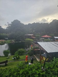 A panoramic view of the lake and a lodge, set in a natural environment that invites tranquility.