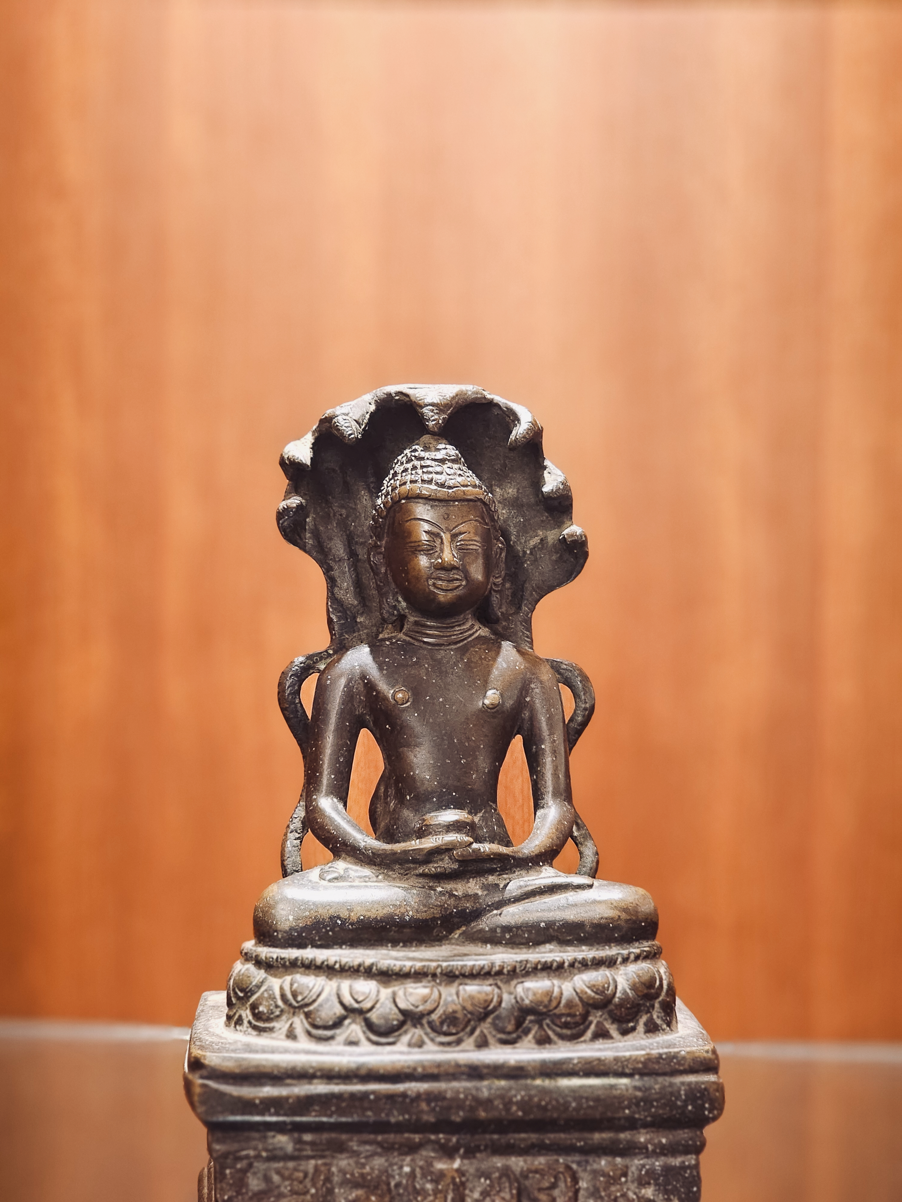 A beautifully crafted Jina Parshvanatha statue sits in a peaceful meditation pose, with fine carvings and a calm expression. The warm wooden background enhances the serene and spiritual atmosphere. Captured in Kaloor, Ernakulam.