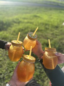 Cuatro vasos color anaranjado de tapa amarilla con pajilla, simulan las textura de una naranja (Four glass mason jars filled with a golden-colored drink are held up in a cheers gesture. Each jar has a yellow lid adorned with a lemon design and a yellow straw sticking out. The background features a green grassy field, and the sunlight creates a warm glow, enhancing the cheerful atmosphere of the gathering)