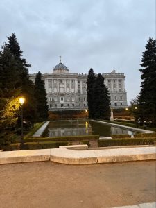 Royal Palace of Madrid viewed from the Sabatini Gardens at dusk, Madrid, Spain.
