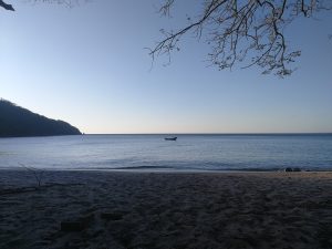 A quiet beach with dark sand facing a calm blue ocean.
