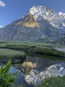 Snow capped mountain reflected in a clear stream, surrounded by lush green grass under a bright blue sky. 