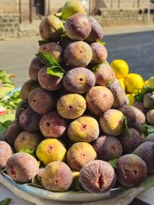 A neatly stacked display of fresh ripe figs shows beautiful shades of purple, green, and yellow at a local fruit stall. The colorful fruits create an eye-catching market scene. Captured in Pune, Maharashtra. 
