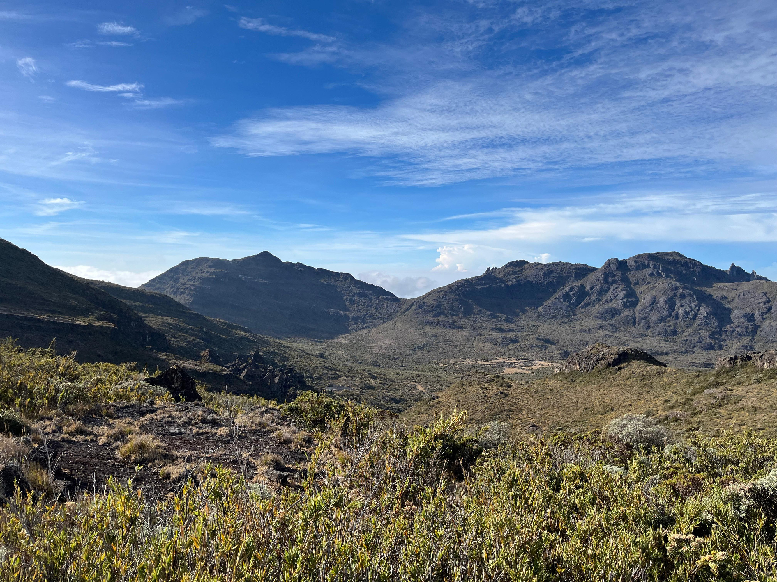 A panoramic view of a mountainous landscape under a bright blue sky decorated with wispy clouds. The foreground features patches of green vegetation, including shrubs and grasses, while the midground reveals gently rolling hills and more rugged mountains in the distance.