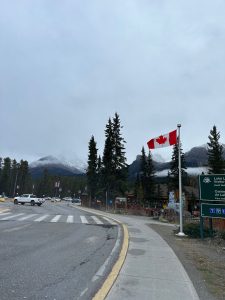 A Canadian flag waves beside a roadside visitor area, with evergreen trees, parked vehicles, and buildings at the base of misty mountain peaks. Low clouds hang over the scene under a gray sky, while a sign for the Lake Louise Visitor Centre appears on the right edge.