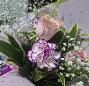 A bouquet of pink roses, white carnations, and baby's breath wrapped in pink paper.