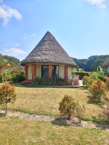 A round cottage with a traditional thatched roof, landscaped gardens, and a clear blue sky in the background.
