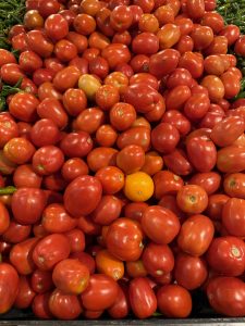 A vibrant pile of ripe red tomatoes fills the image, creating a rich, lush appearance. Among the many red tomatoes, one bright orange fruit stands out, contrasting sharply with the surrounding red. To the left, a few green chili peppers peek out from behind the tomatoes, adding another color to the mix.