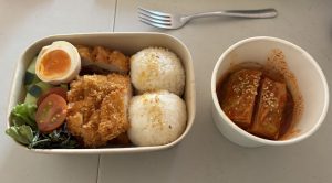 Meal box with rice, fried chicken, vegetables, egg, and a cup of kimchi with sesame seeds.