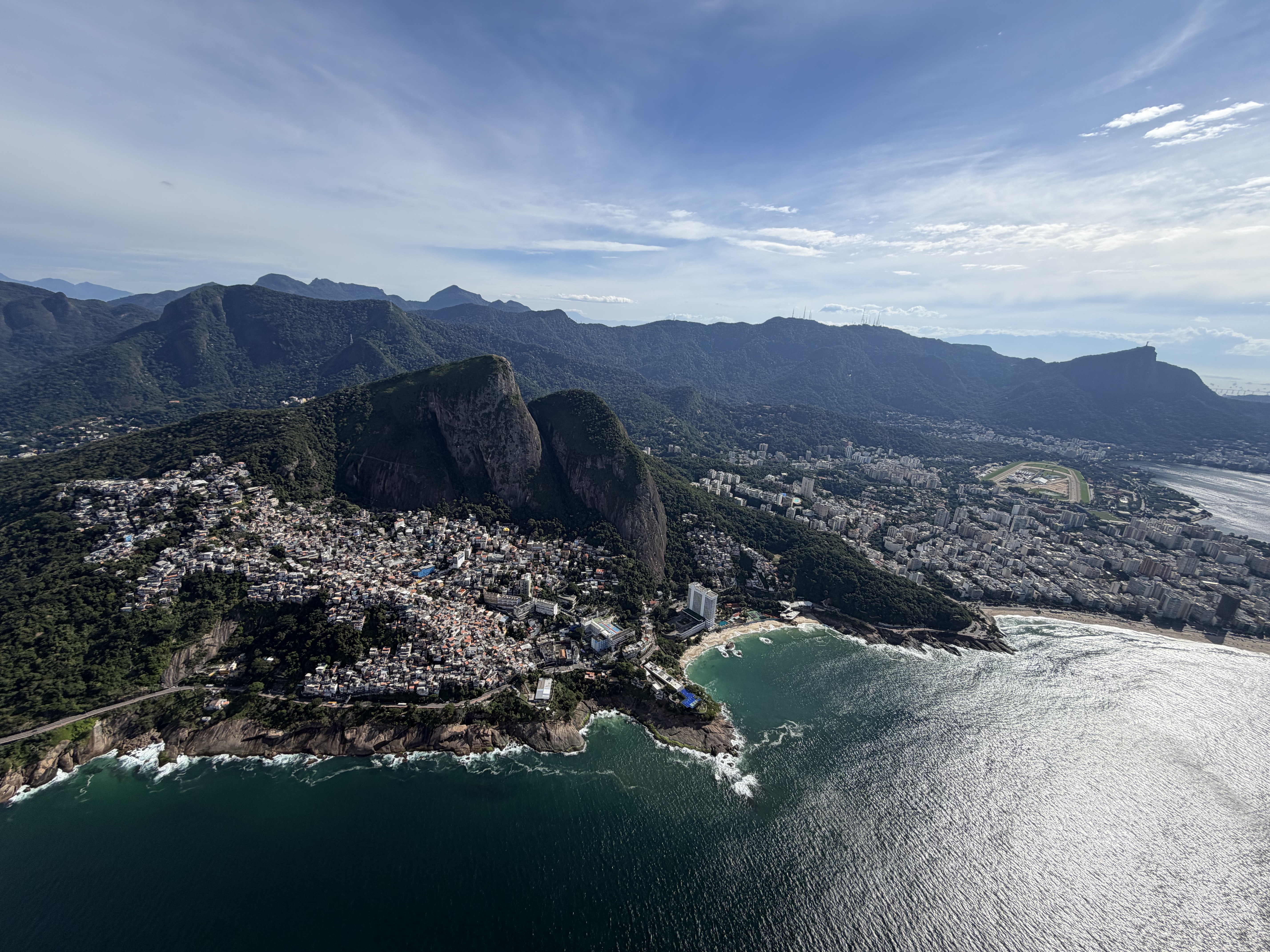 Aerial view of the favelas in Rio de Janeiro from a helicopter.