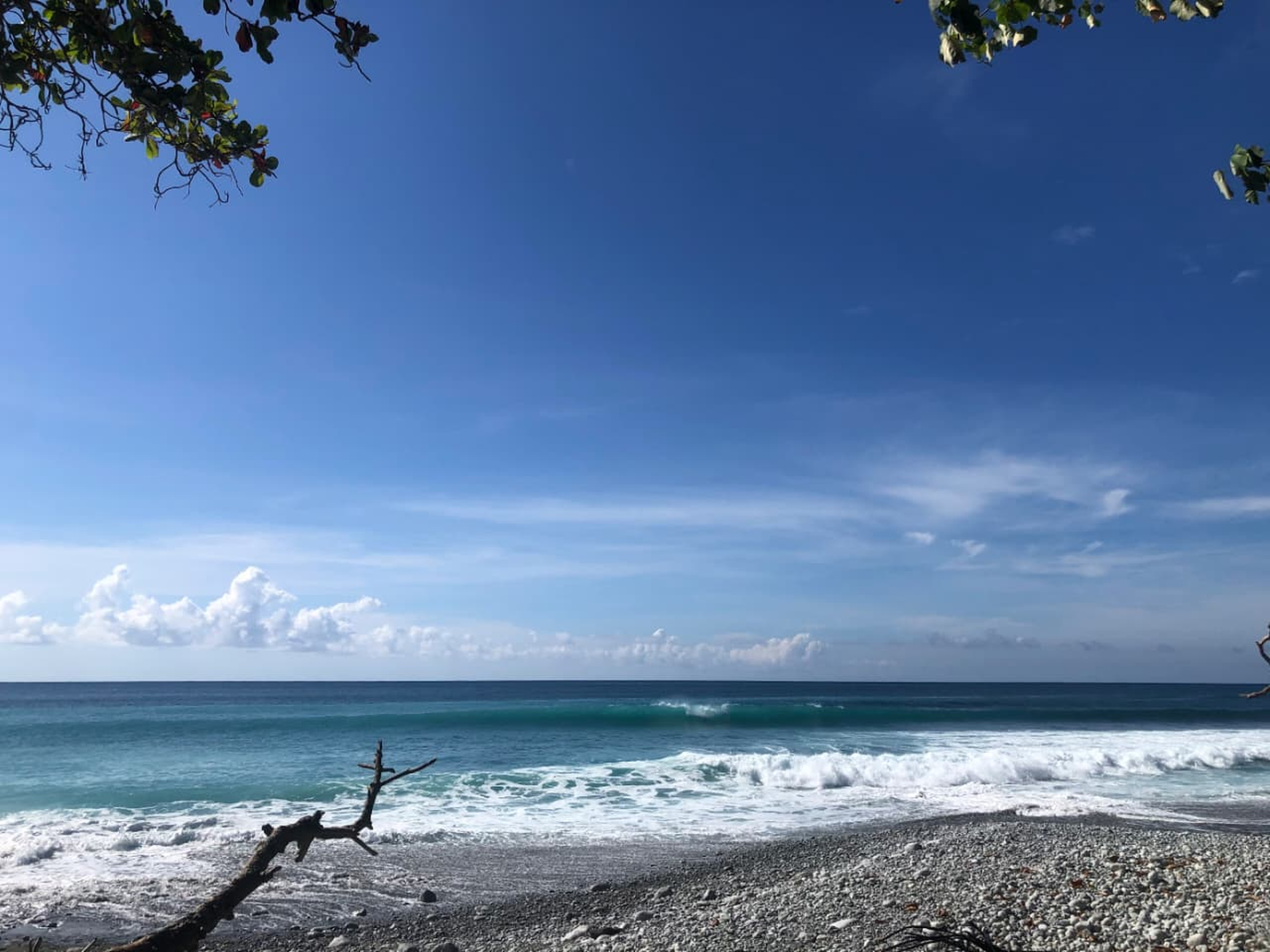 Turquoise sea waves on a stony beach with a weathered branch, blue sky, and soft clouds.