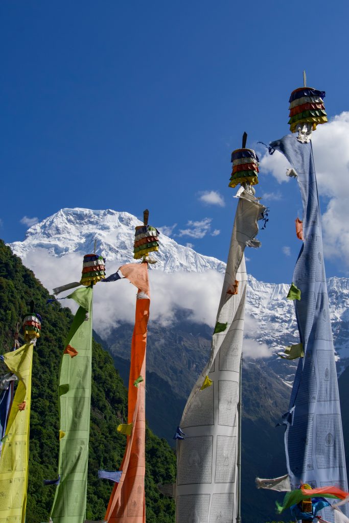 Tall vertical prayer flags in yellow, green, orange, white, and blue on wooden poles with a snow-capped mountain and forested hillside in the background